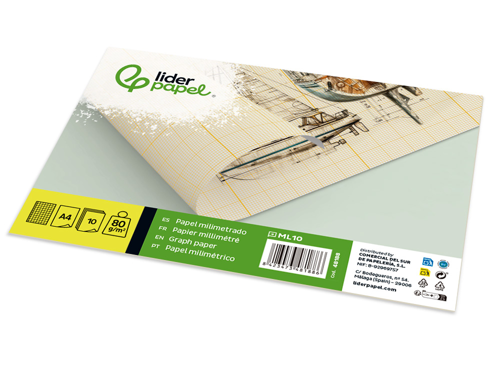 PAPIER MILLIMTR LIDERPAPEL 1MM 80G/M2 FEUILLE A4 210X297MM MINIPACK 10F