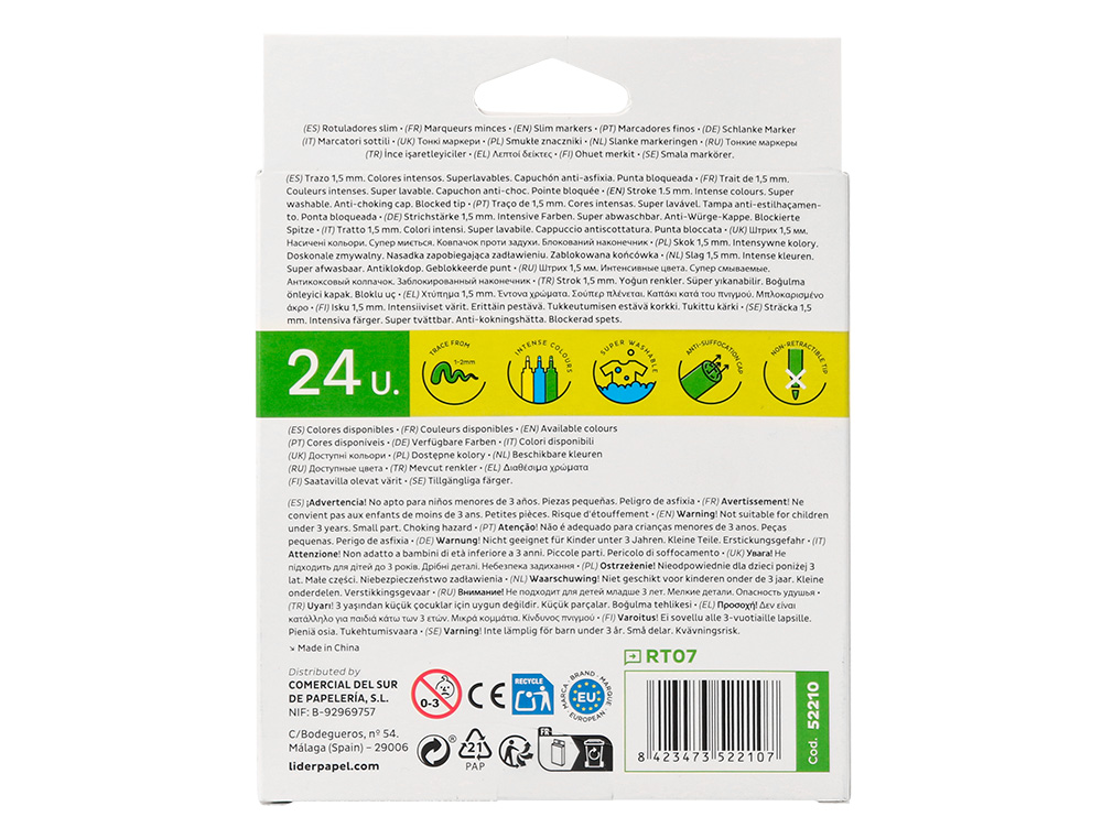 FEUTRE COLORIAGE LIDERPAPEL SLIM LONGUEUR CRITURE 800M POINTE NYLON 2MM DIAMTRE TUI CARTON 24 UNITS