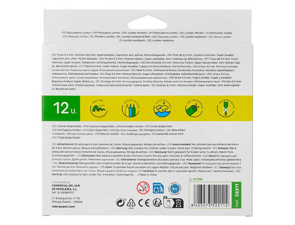 FEUTRE COLORIAGE LIDERPAPEL JUMBO LONGUEUR CRITURE 800M POINTE NYLON 5MM DIAMTRE TUI PLASTIQUE 12 UNITS