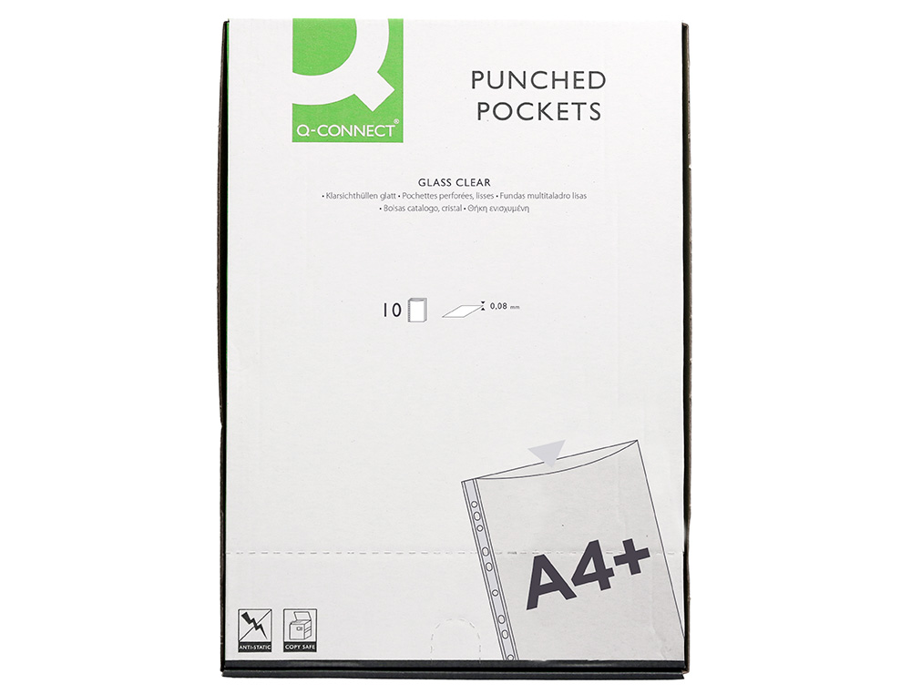 POCHETTE Q-CONNECT POLYPROPYLENE LISSE PERFOREE  FOLIO 80 MC CRISTAL SACHET 10 UNITES