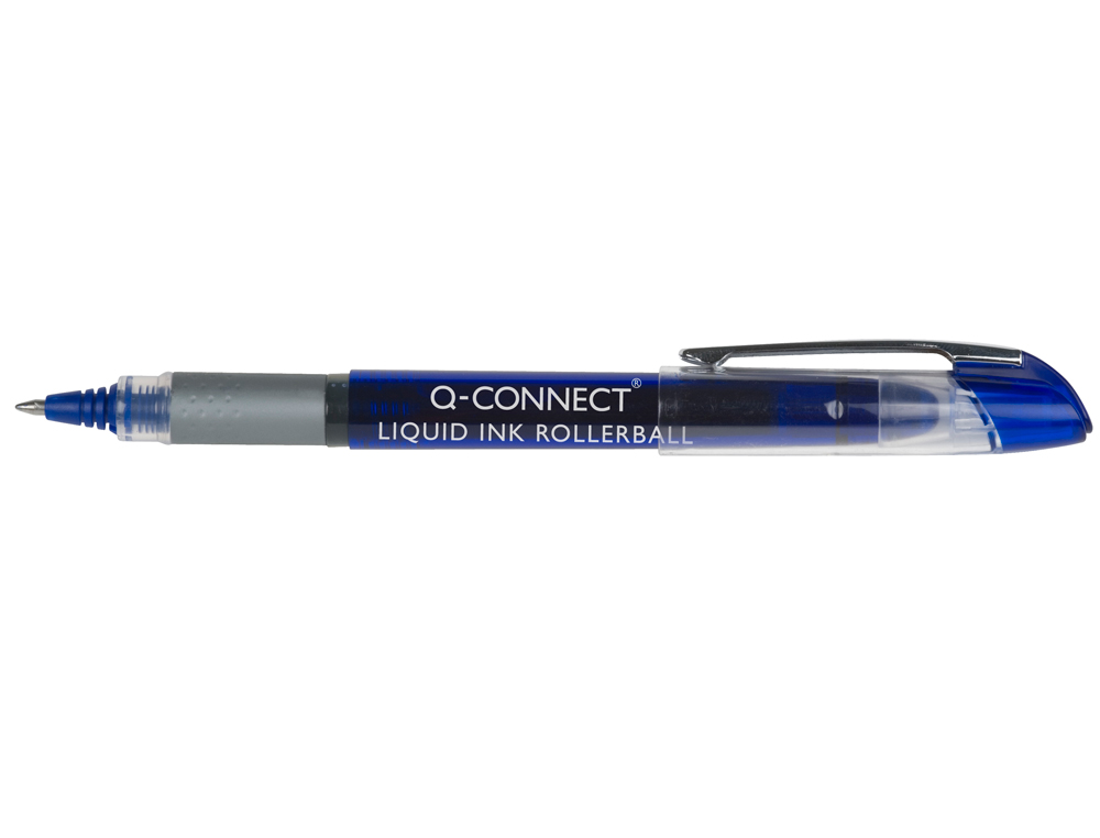 ROLLER Q-CONNECT ÉCRITURE 0.5MM POINTE MOYENNE 0.7MM GRIP CAOUTCHOUC CORPS TRANSPARENT ENCRE LIQUIDE COULEUR BLEU