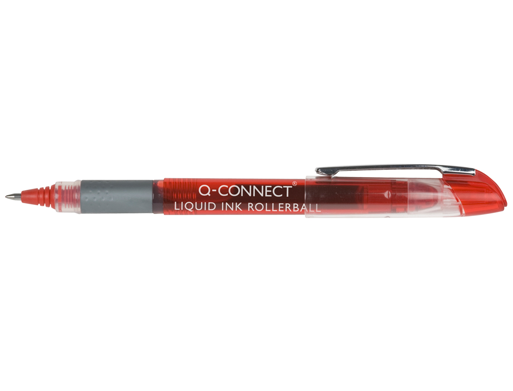 ROLLER Q-CONNECT ÉCRITURE 0.5MM POINTE MOYENNE 0.7MM GRIP CAOUTCHOUC CORPS TRANSPARENT ENCRE LIQUIDE COULEUR ROUGE