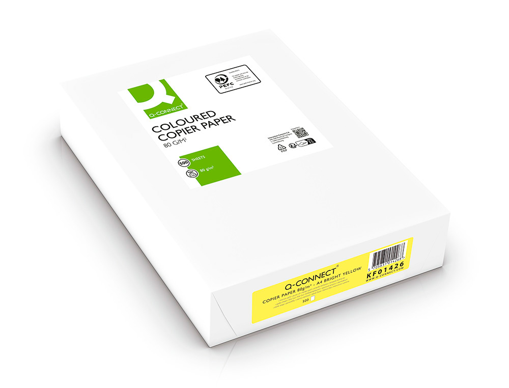 PAPIER COULEUR Q-CONNECT MULTIFONCTION A4 80G/M2 UNICOLORE JAUNE INTENSE RAMETTE 500 FEUILLES