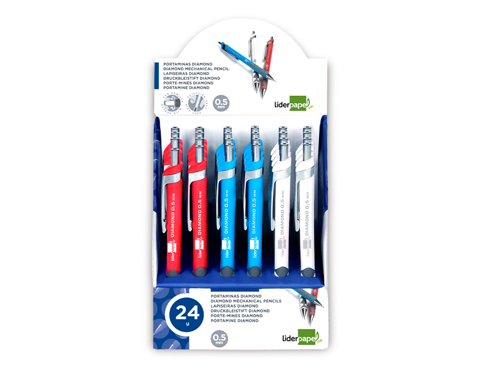 PORTE-MINE LIDERPAPEL PLASTIQUE 0.5MM GRIP SOFT CAOUTCHOUC POINTE ET CAPUCHON MTALLIQUES GOMME MINES COLORIS ASSORTIS