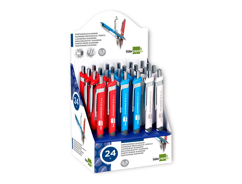 PORTE-MINE LIDERPAPEL PLASTIQUE 0.5MM GRIP SOFT CAOUTCHOUC POINTE ET CAPUCHON MTALLIQUES GOMME MINES COLORIS ASSORTIS