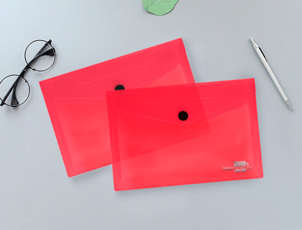 POCHETTE ENVELOPPE LIDERPAPEL POLYPROPYLNE 180 MICRONS A6 148X105MM 50F FERMETURE BOUTON TRANSPARENT ROUGE