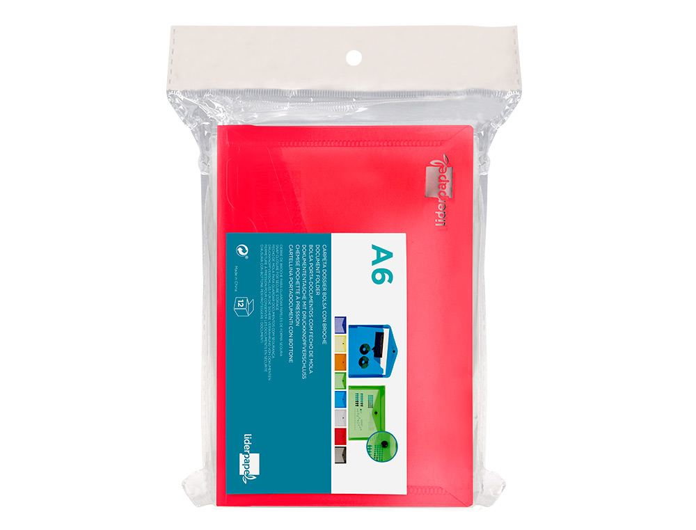 POCHETTE ENVELOPPE LIDERPAPEL POLYPROPYLNE 180 MICRONS A6 148X105MM 50F FERMETURE BOUTON TRANSPARENT ROUGE