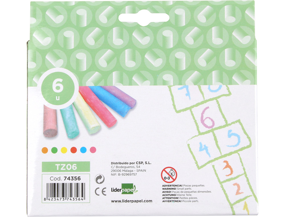 CRAIE TROTTOIR LIDERPAPEL ACTIVITS CRATIVES SCOLAIRES COLORIS ASSORTIS BOTE 6 UNITS