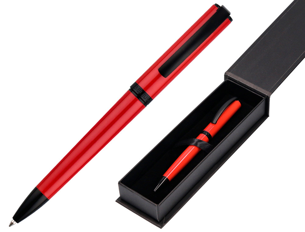 STYLO-BILLE BELIUS TURBO ALUMINIUM TEXTURE POINTILLEE ATTRIBUTS NOIR ENCRE BLEUE COLORIS ROUGE DANS COFFRET CADEAU