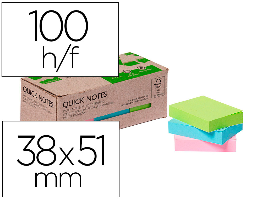 BLOC NOTES Q-CONNECT QUICK NOTES 38X51MM 100F ADHESIVES REPOSITIONABLES COLORIS PASTEL ASSORTIS PACK 12 UNITES