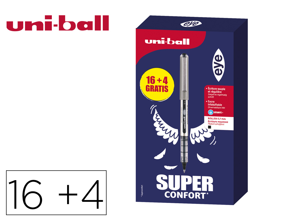ROLLER UNIBALL EYE POINTE METAL ECRITURE FINE BOITE DE  16 + 4 ROLLERS GRATUITS NOIRS