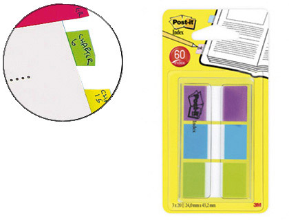 MARQUE-PAGES POST-IT STANDARD INDEX 25X44MM 60F 3 COLORIS ROUGE ORANGE VERT