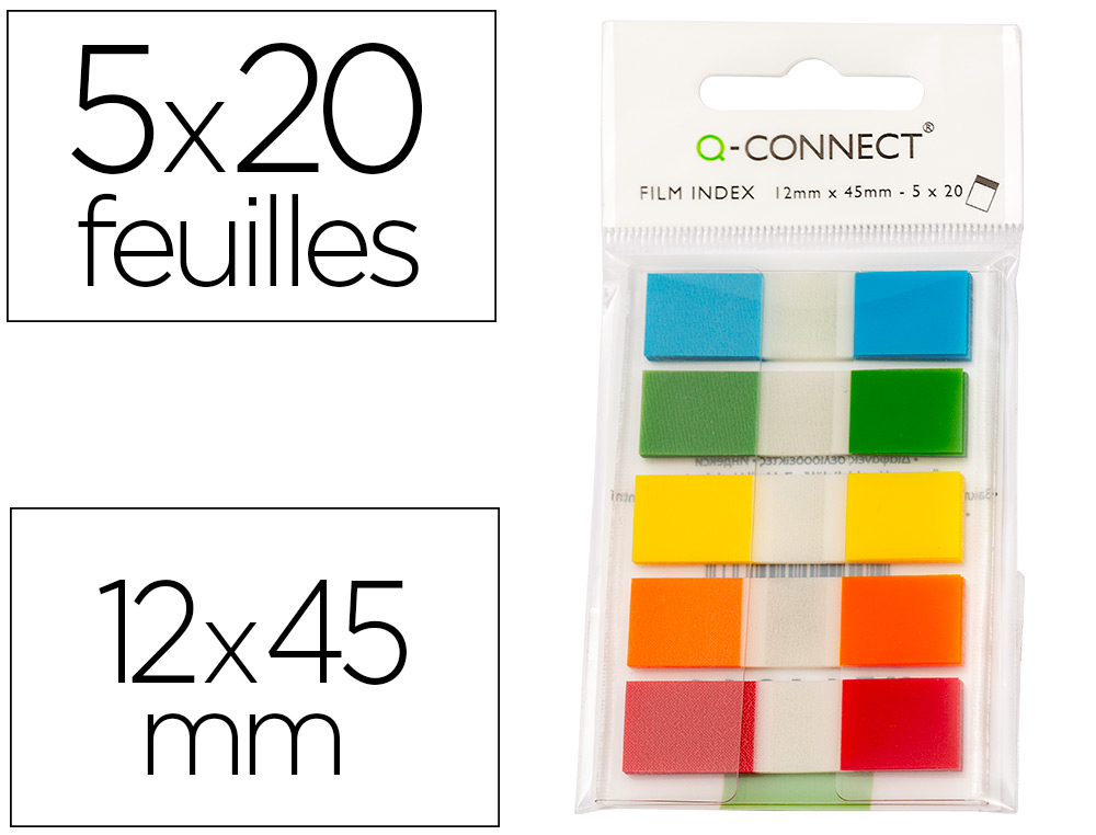 MARQUE-PAGES Q-CONNECT MINI KIT POCHE 12X45MM 130F COLORIS ASSORTIS BLEU ROUGE JAUNE VERT ORANGE LOT 5X20 UNITS