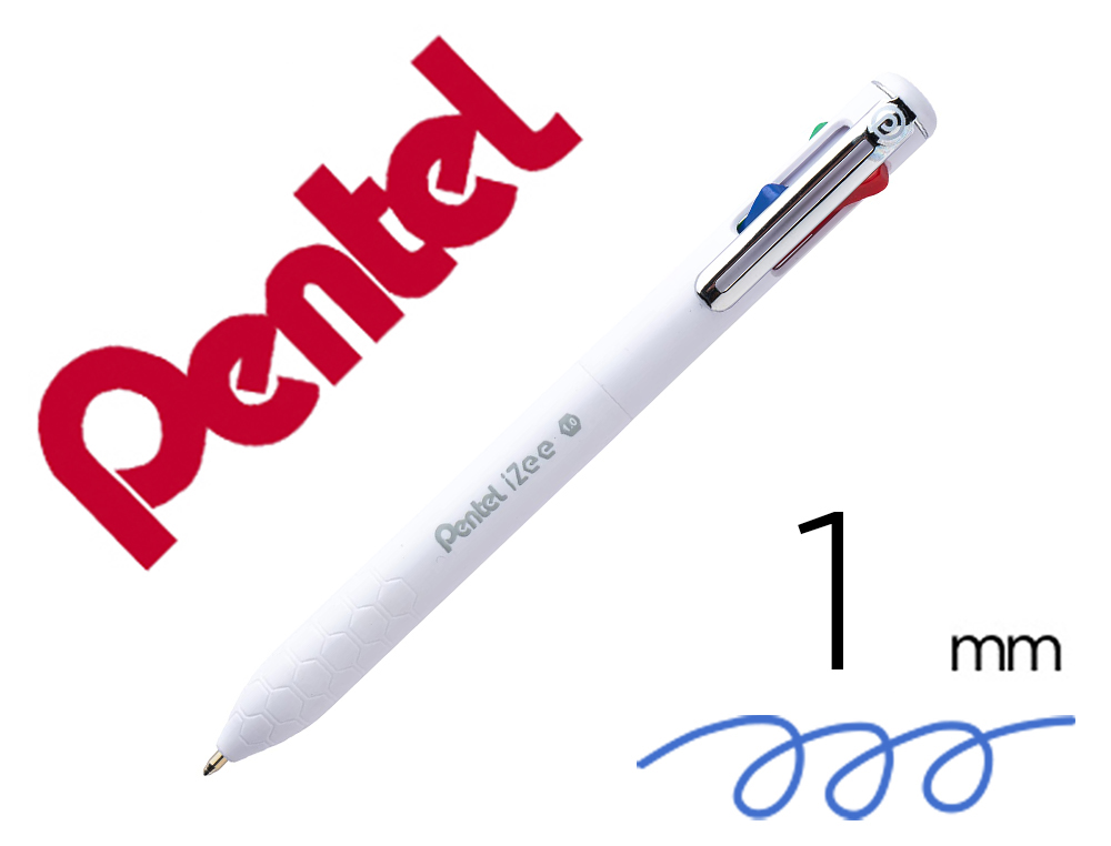 STYLO-BILLE PENTEL 4 COULEURS IZEE RETRACTABLE POINTE LARGE 1MM CLIP METAL CORPS BLANC