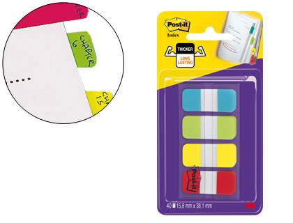 MARQUE-PAGES POST-IT INDEX RIGIDE 15.8X38.1MM COLORIS VIFS BLEU VERT JAUNE ROUGE LOT 4X10 UNITS