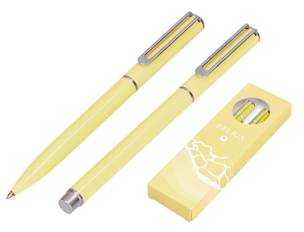 PARURE STYLO-BILLE ET ROLLER BELIUS ENDLESS SUMMER ALUMINIUM ATRIBUTS ARGENT ENCRE BLEUE COLORIS JAUNE COFFRET CADEAU