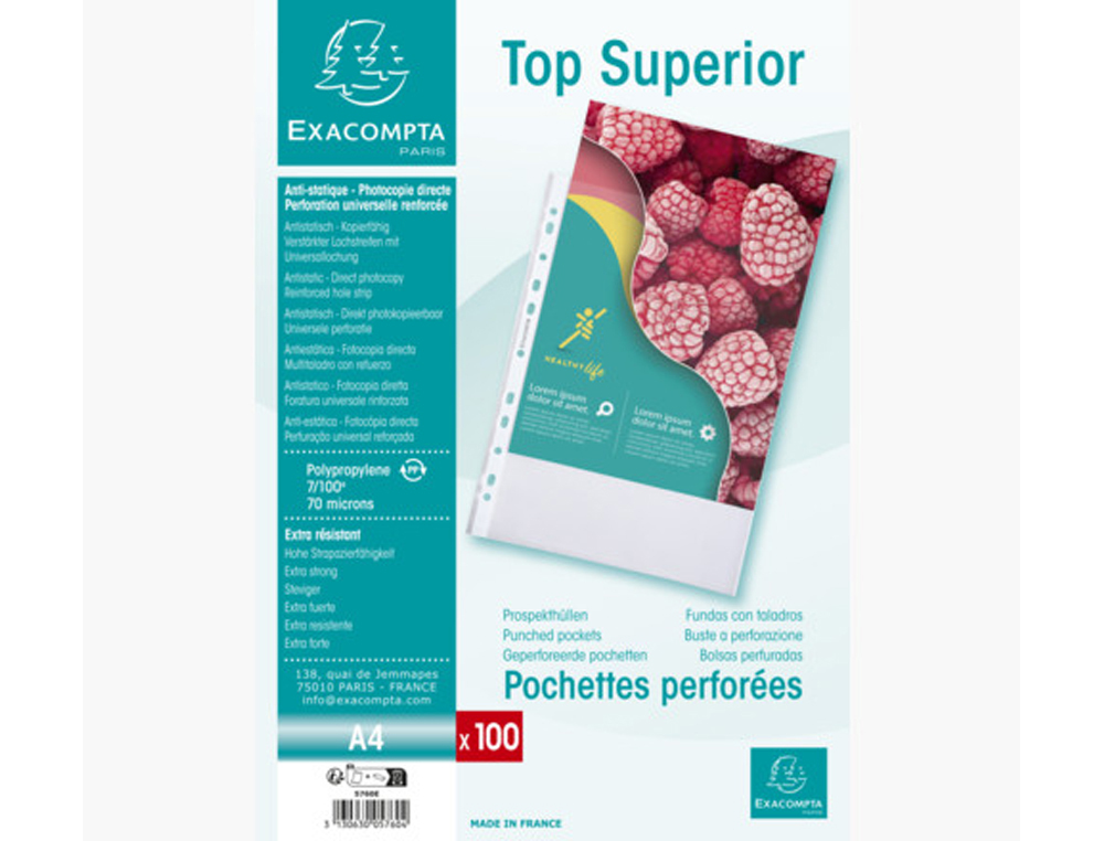 POCHETTE PERFOREE EXACOMPTA A4 PP GRAINE 7/100EME 70      MICRONS PAQUET 100 UNITES