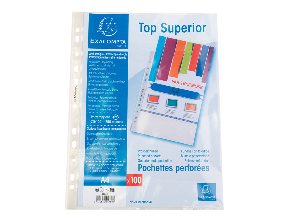 POCHETTE PERFOREE EXACOMPTA A4 PP LISSE 7/100EME 75       MICRONS PAQUET 100 UNITES