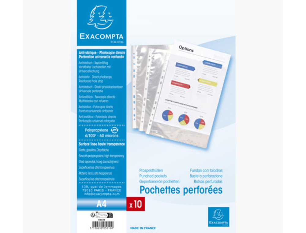 POCHETTE PERFOREE EXACOMPTA A4 PP LISSE 6/100EME 60       MICRONS PAQUET 10 UNITES