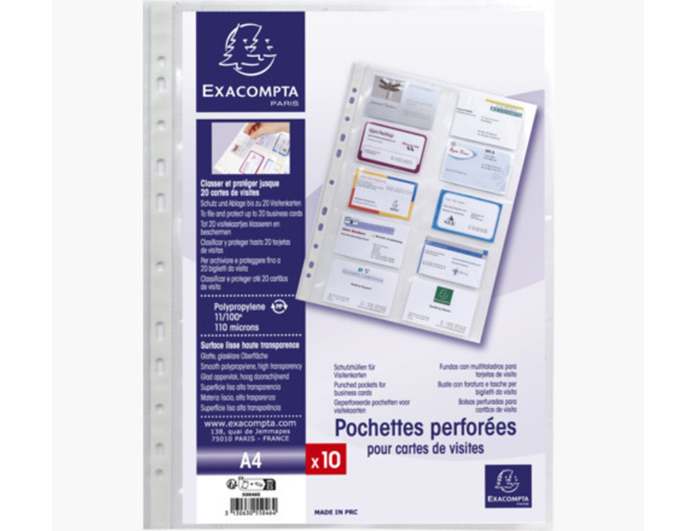 POCHETTE PERFOREE EXACOMPTA 10 CARTES VISITE A4 PP LISSE  11/100EME 110 MICRONS PAQUET  10 UNITES