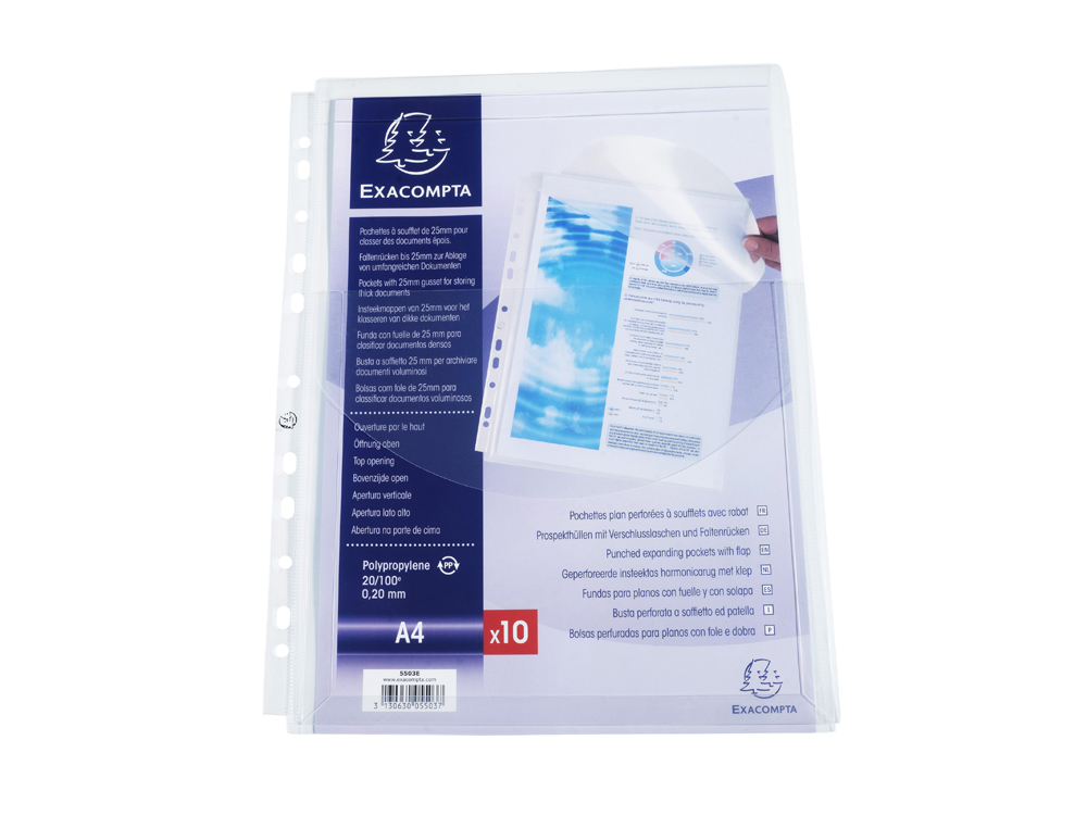 POCHETTE PERFOREE EXACOMPTA A4 PP SOUFFLET 25MM OUVERTURE HAUT PAQUET 10 UNITES