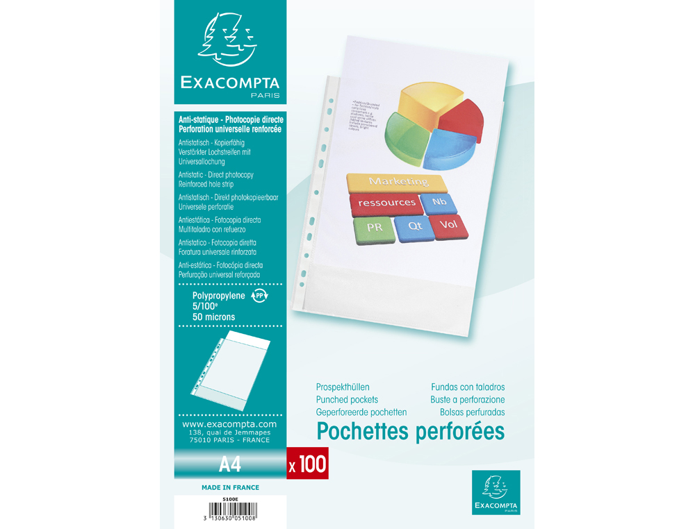 POCHETTE PERFOREE EXACOMPTA A4 PP GRAINE 5/100EME PAQUET  100 UNITES