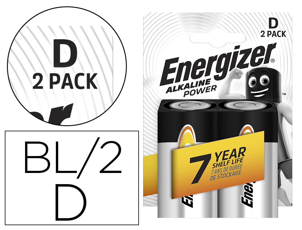PILE ENERGIZER ALCALINE POWER I.C.E. LR20 TAILLE D BLISTER 2 UNITS