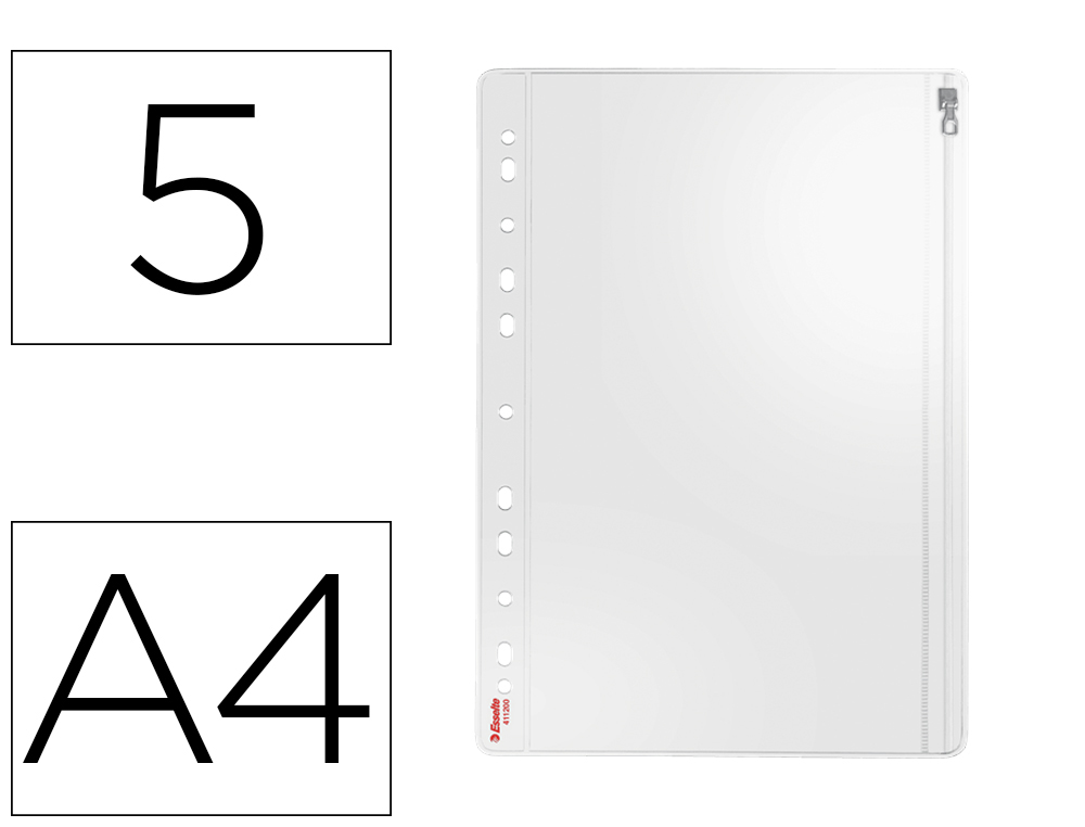 POCHETTE ESSELTE PVC 20/100E PERFOREE FOURRE-TOUT FERMETURE GLISSIERE A4 210X297MM SACHET 5 UNITES