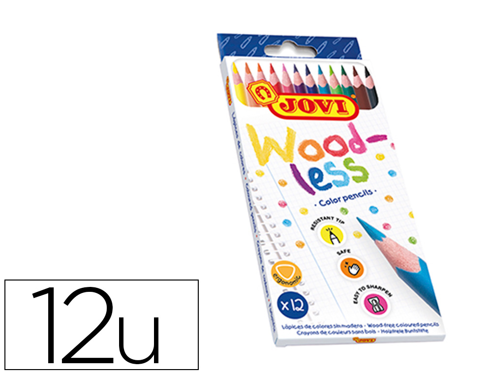 CRAYON COULEUR JOVI WOODLESS TRIANGULAIRE MINE RESISTANTE  HAUT POUVOIR COUVRANT INODORE COULEURS VIVES ETUI 12 UNITES